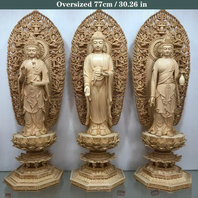 Wood carving Oversized Guanyin, Tathagata Buddha Characters Statue Solid Wood Art Carving Home Living Room office Feng Shui Idol