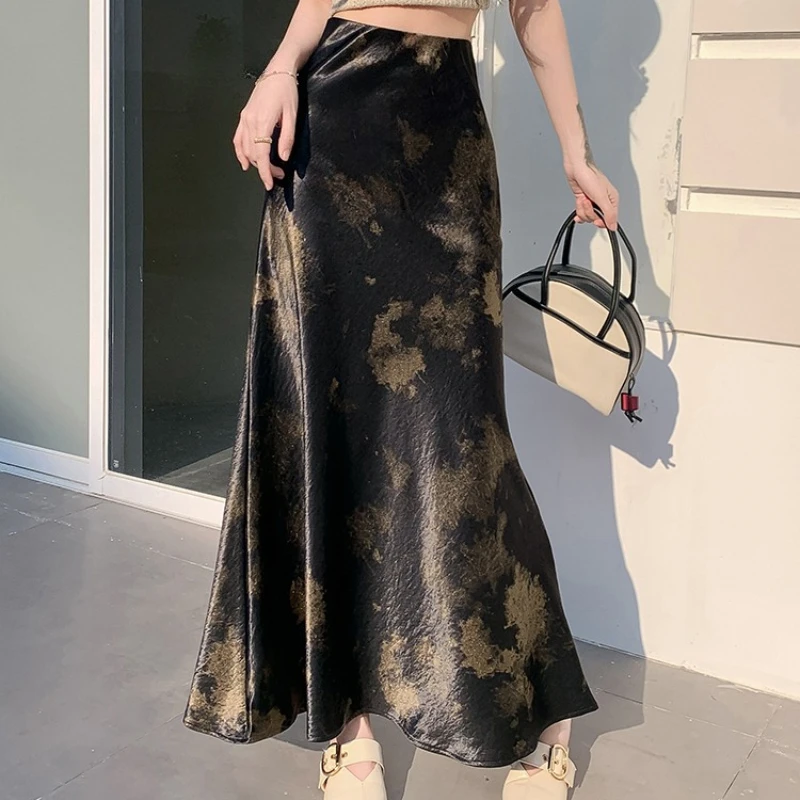 Seoulish High Waist Vintage Ink Printed Women's Satin Mermaid Long Skirts 2026 New Summer Korean Casual Fishtail Skirts Female