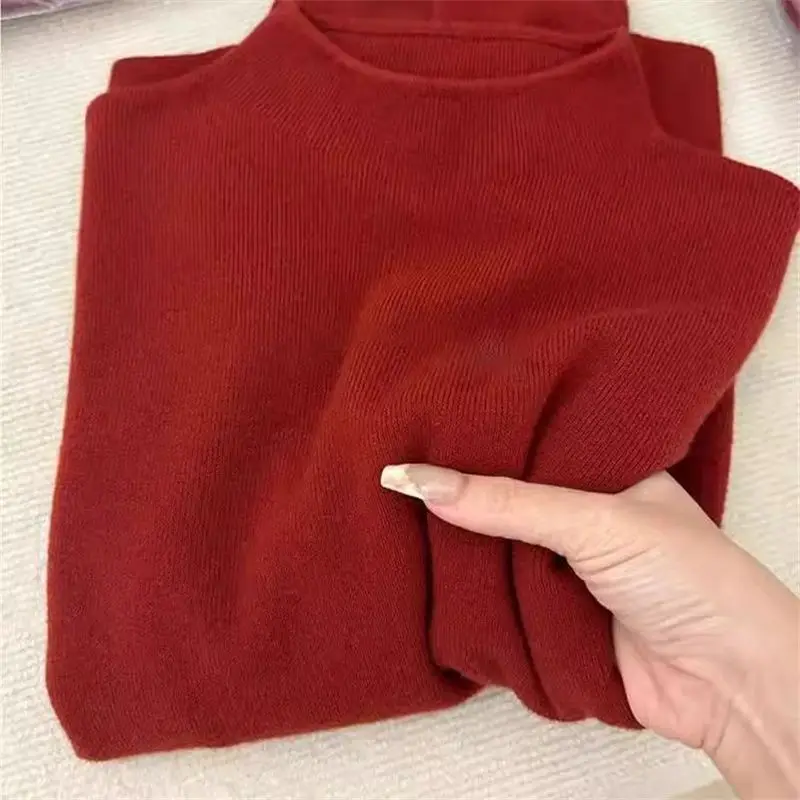 Red Knitted Long Sve f High Collar Women's Fitted Base irt Trendy Inner Wear Top Commute Sle Pure Color Polyester S...