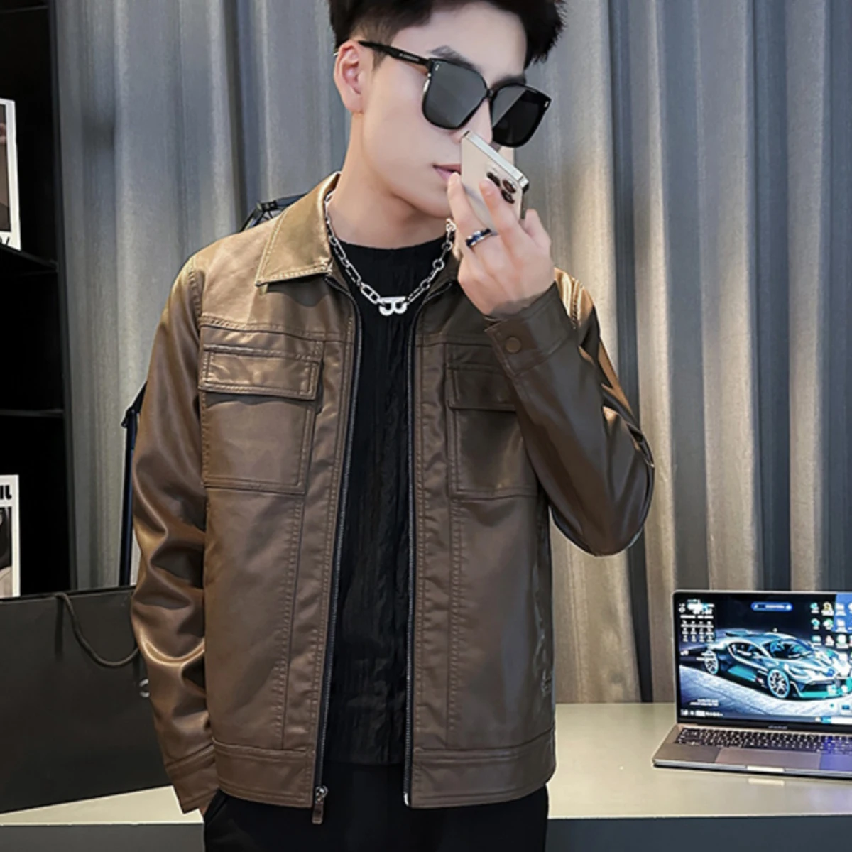 

Faionable Casual Men's Jaet Collared Outerwear Sli Versatile Spring Autumn Wear Polyester Long Sve Zipper Closure