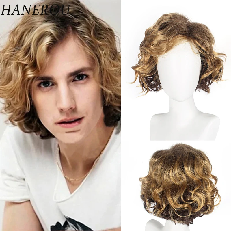 

HANEROU Synthetic Short Men's Wig Wavy Curly Brown Natural Wig for Party Cosplay Daily Heat Resistant Fiber Synthetic