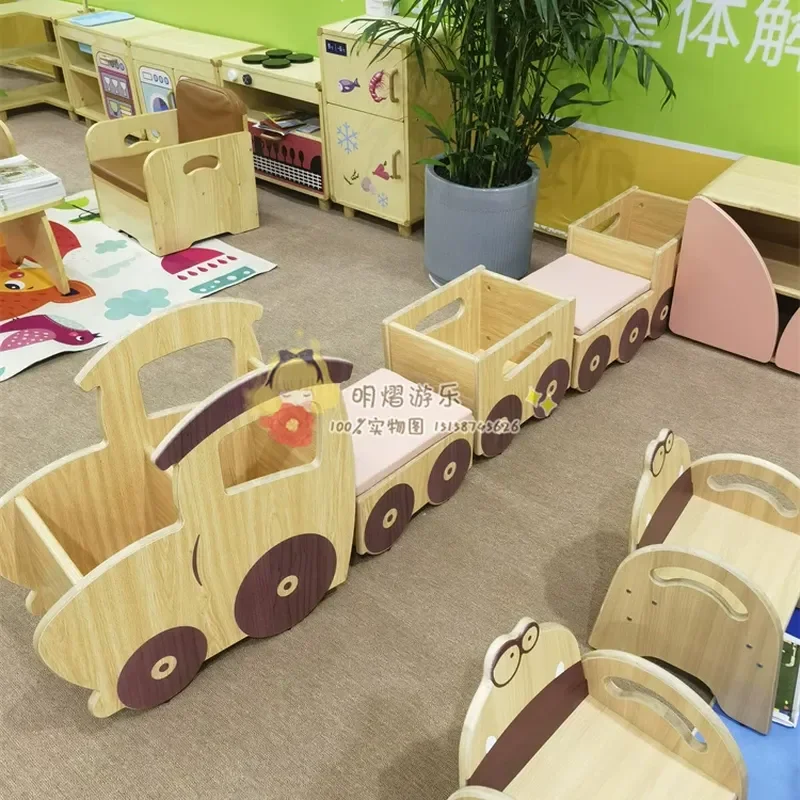2026 Kindergarten cute bean nursery series toy combination cabinet small train bookshelf seat shelf cartoon book storage