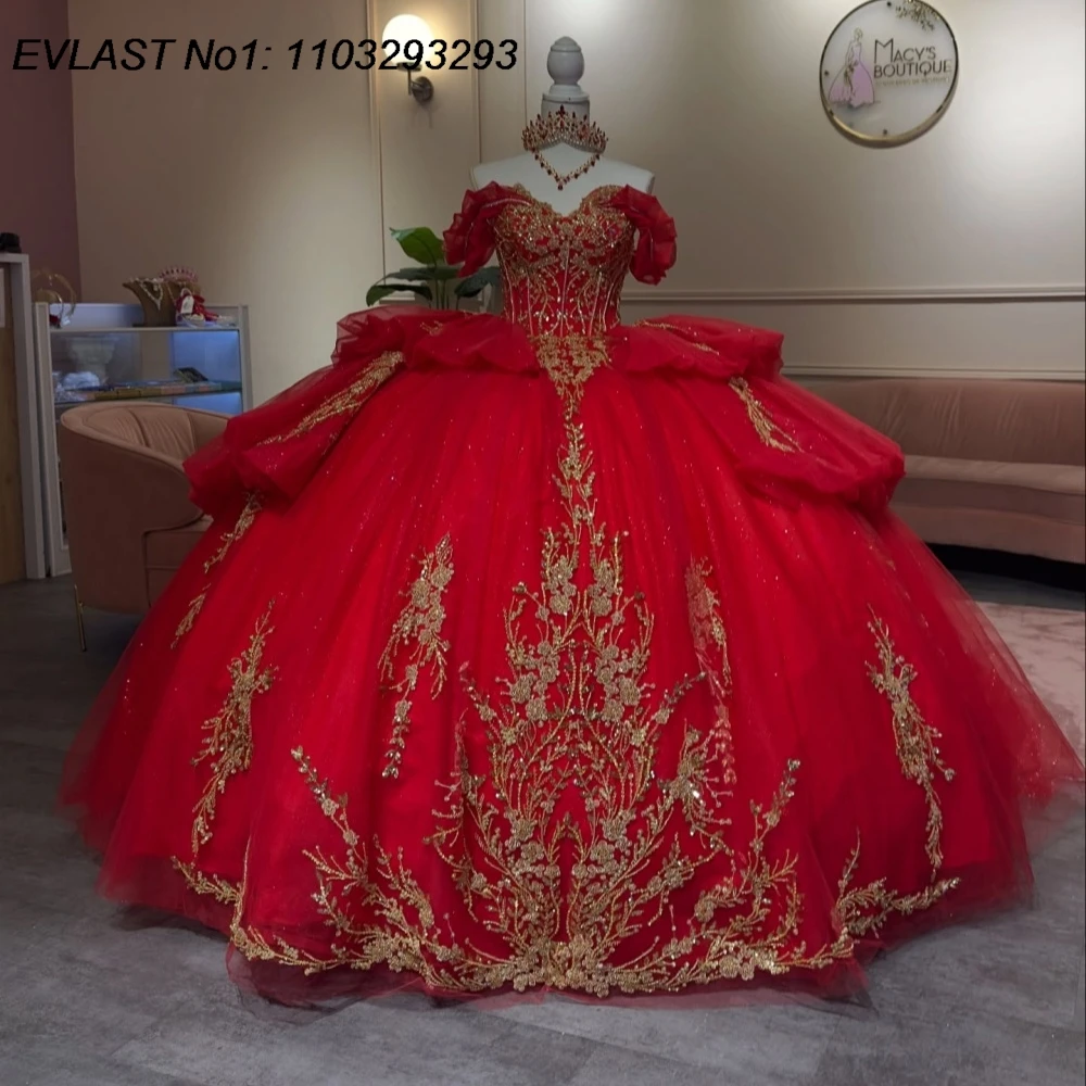 

EVLAST Customized Princess Red Quinceanera Dress Ball Gown Gold Lace Applique Beading Bow Sweet 16 Vestidos De 15 Anos E1QN407
