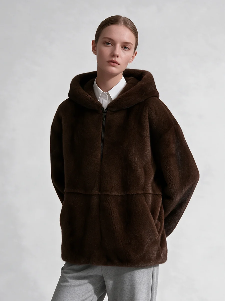 PUAL   Women Brown Hooded Faux Mink Fur Jacket Full Zip Warm Winter Loose Oversized Outerwear Coat