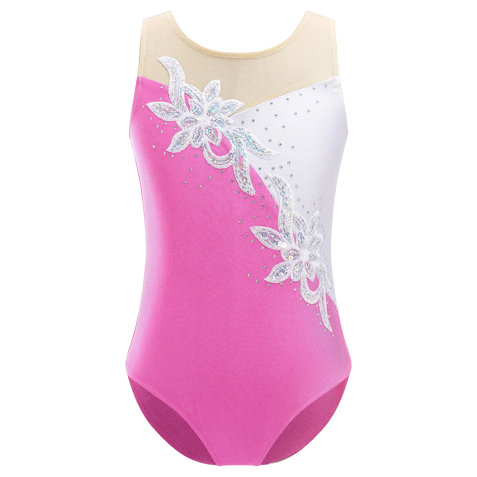 

Kids Girls Glittering Sequins Artistic Skating Jumpsuit Rhythmic Gymnastic Mesh Splice Shiny Diamond Ballet Dance Costume