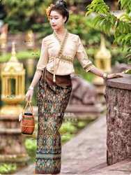Chinese Dai Women's Suit Cotton and Linen Mid Sleeve Skirt Clothing