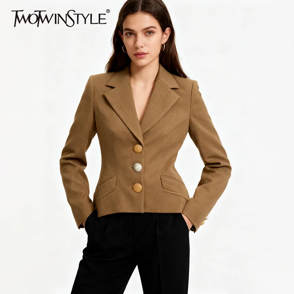 

TWOTWINSTYLE Solid Slimming Spliced Buttons Temperament Jackets for Women Lapel Long Sleeves Tunic Fashion Jacket Female Clothes
