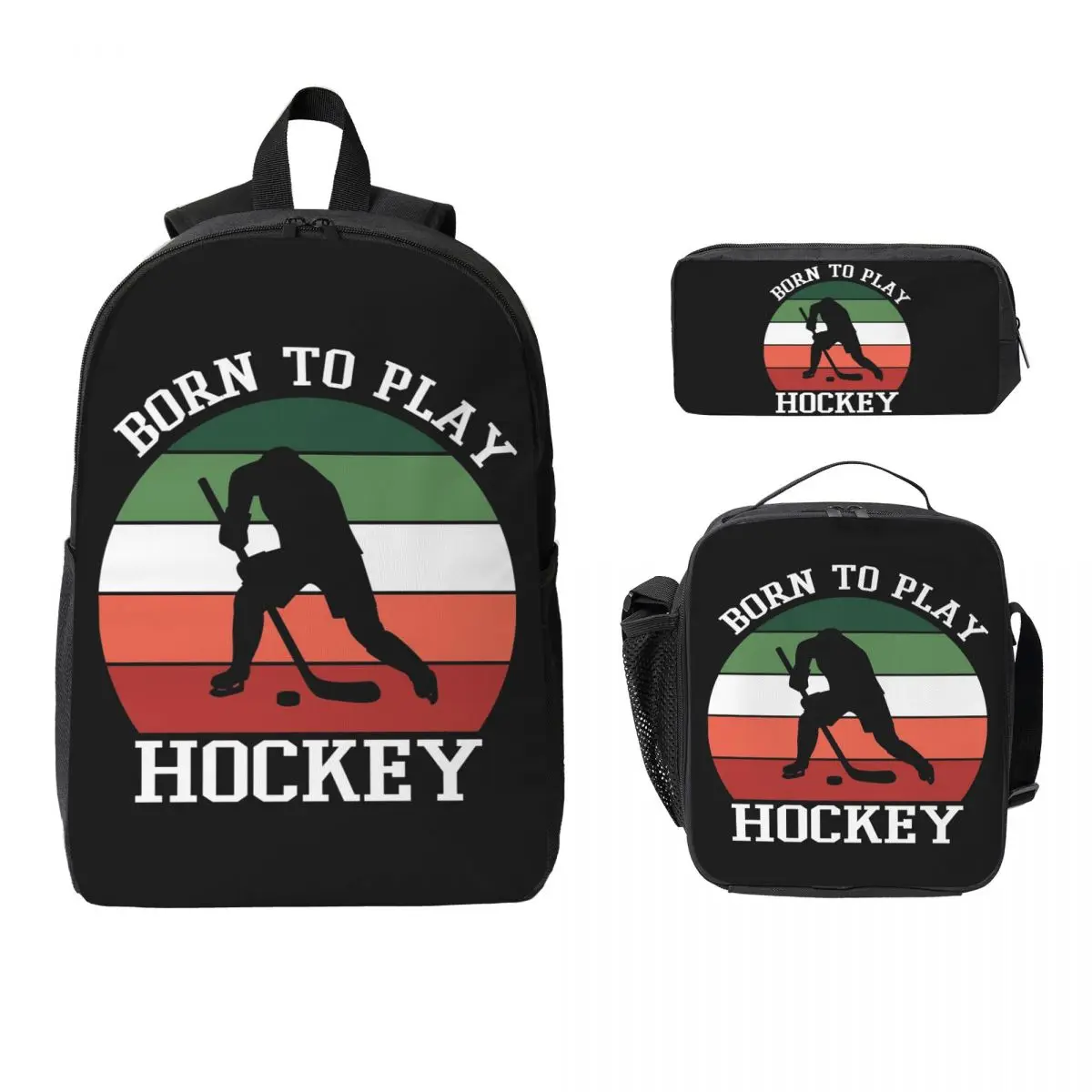 

Born To Play Hockey Backpack Boys Girls BookBag School Bag Computer Shoulder Bags 3ps Insulated Lunch Bag Pencil Case