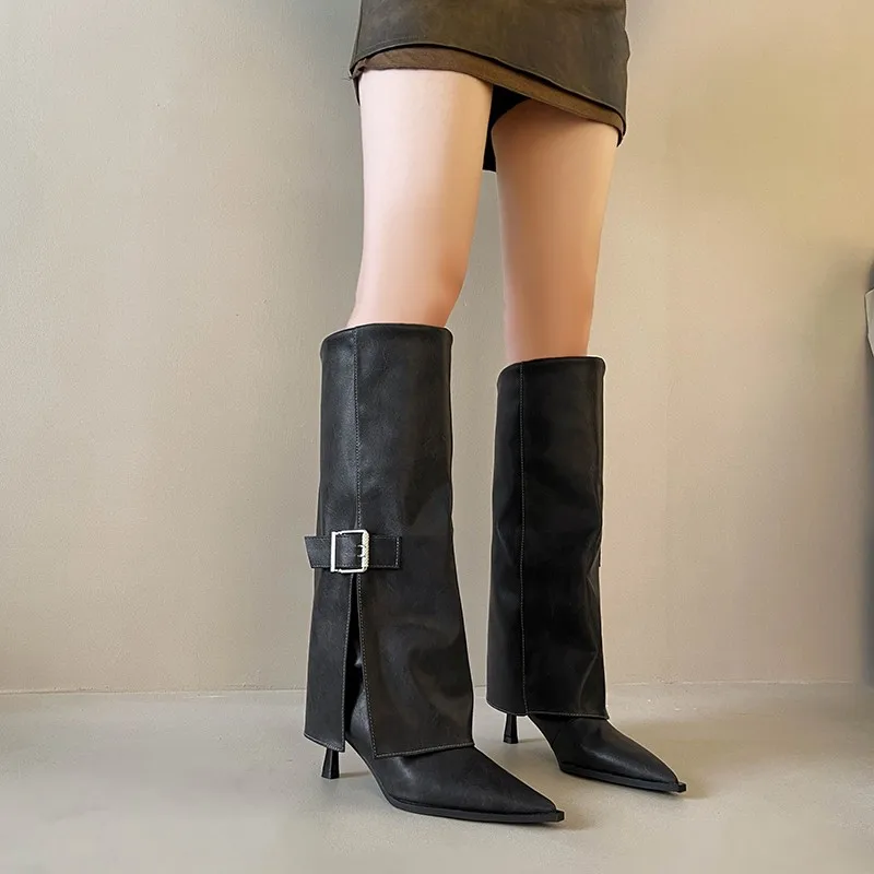 

Женские брюки с острым носком, 2025 г., модные высокие прямые узкие сапоги до середины ноги