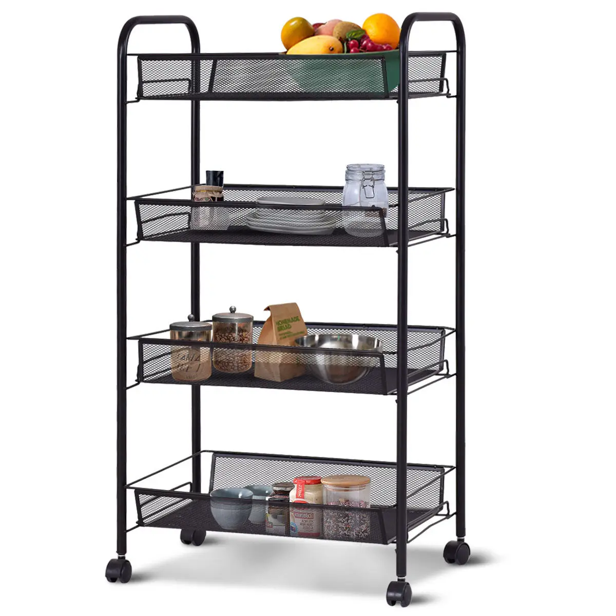 Costway 4 Tier Storage Rack Trolley Cart Home Kitchen Organizer Utility Baskets Black