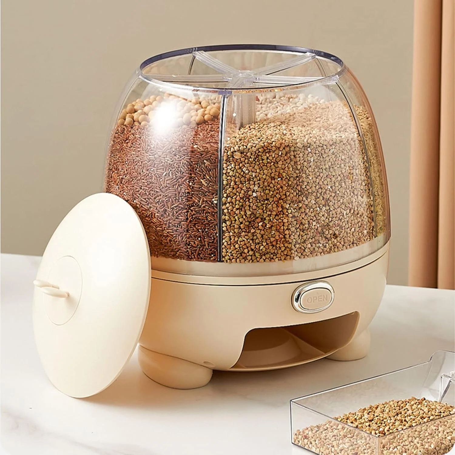 360° Rotating Grain Container Food Dispenser with Measuring Cylinder and Lidded Resistant Household  Storage Containers