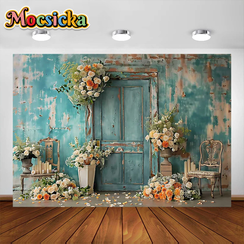 Spring Flower Photography Background Vintage Wooden Door Floral Garden Party Decor Wedding Newborn Portrait Photo Studio Props