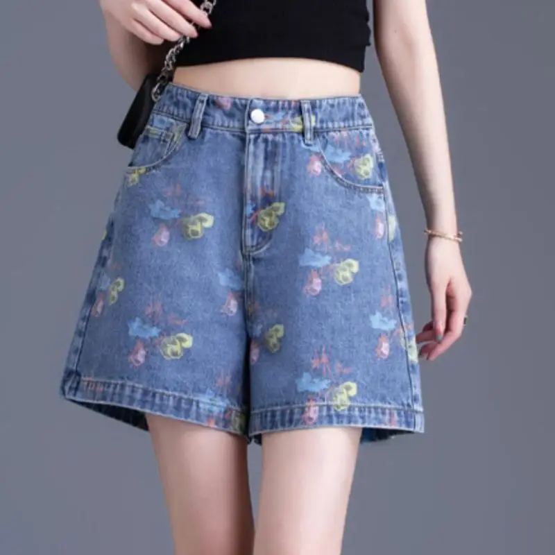 Women Summer Fashion Printing Fashionable High Waist Wide Leg Women Clothes Casual All-match Appear Thin Elegant Quarter Shorts