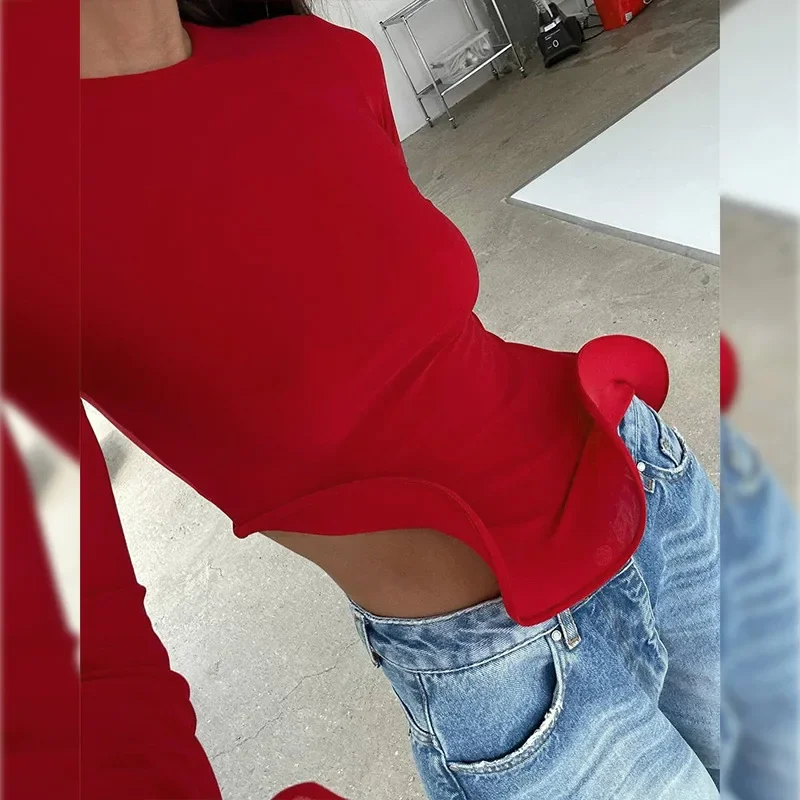 Red Long Sleeve T-shirt Women Fashion Ruffle Irregular Bodycon Tops Autumn Winter Tees Causal Round Neck Bacis Y2K Crop Top 2024