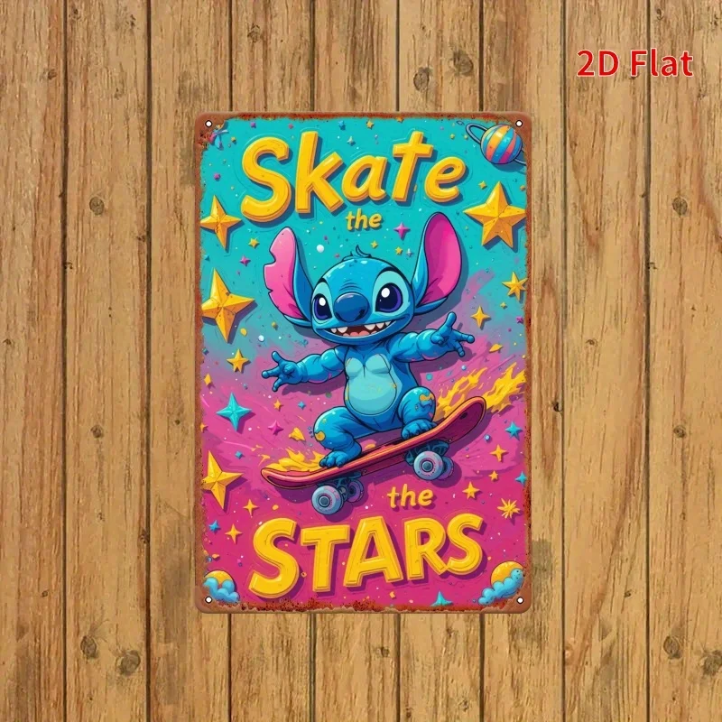 قطعة واحدة من ديكور فني جداري معدني من Stitch Skate the Stars - 20.32 × 30.48 سم تصميم كوني نابض بالحياة مع غرز ونجوم للتزلج، داخلي