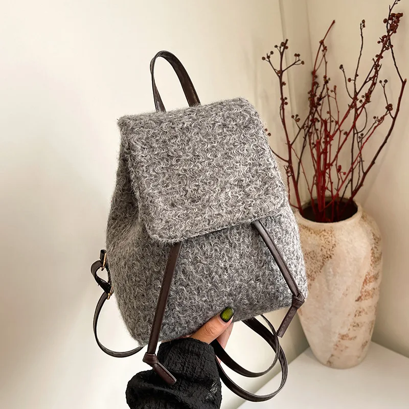 2024 Woolen Winter New Casual Fashion Large Capacity Simple Small Fresh Popular Single Shoulder Double Shoulder Women\'s Backpack