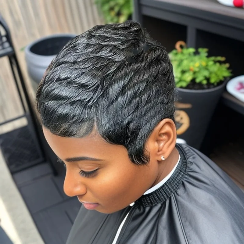 픽시컷 인모 전체 기계 제작 가발 여성용 짧은 가발 여름 매일 사용