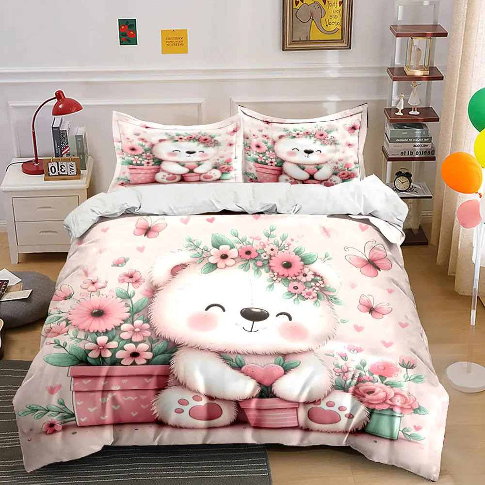 Cute bear with pink flowers Bedding Set for Kids Luxury Gift 3pcs Digital Print Comforter Set Soft Comfortable Breathable