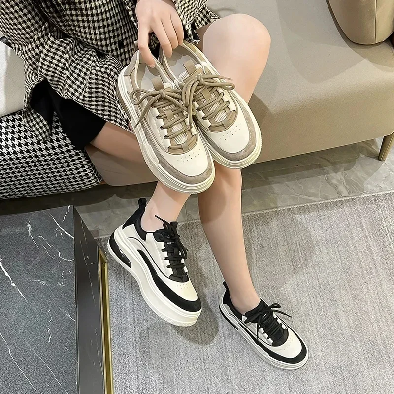 2023 New Lace Up Fashion Flats Shoes Genuine Leather Platform Sneakers Woman Mixed Colors Spring Casual Shoes Female