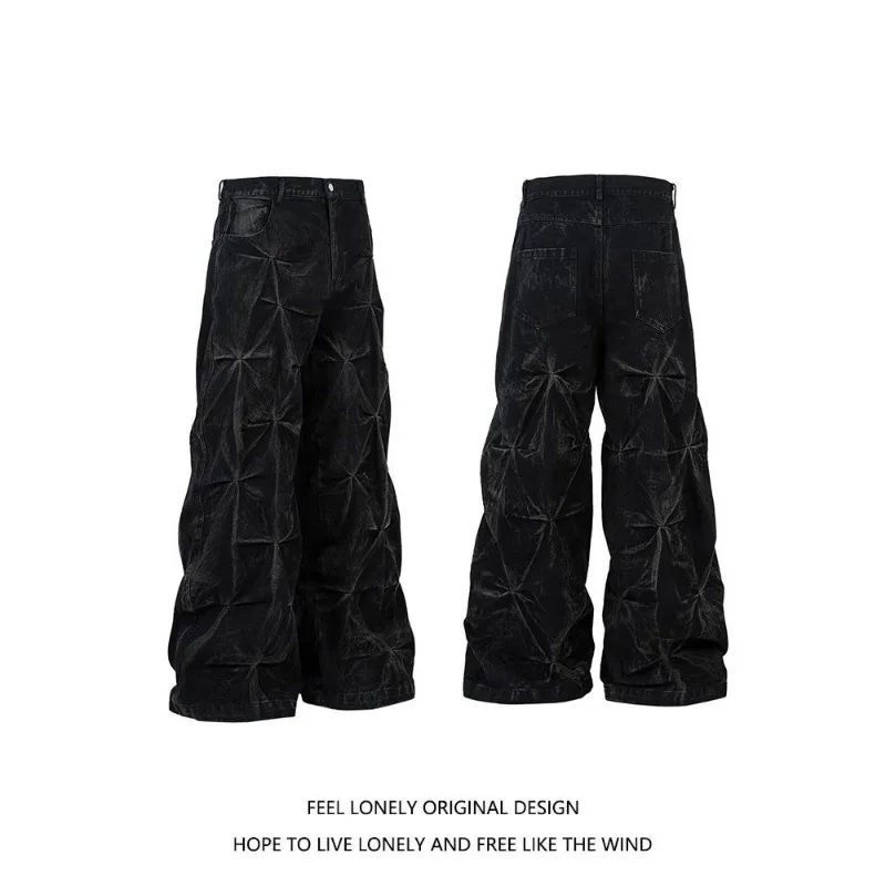 

Ретро нишевый плиссированный дизайн, модные брендовые свободные высококачественные джинсы для пар, размер M-3XL, мужская одежда, брюки-карго, мужские черные