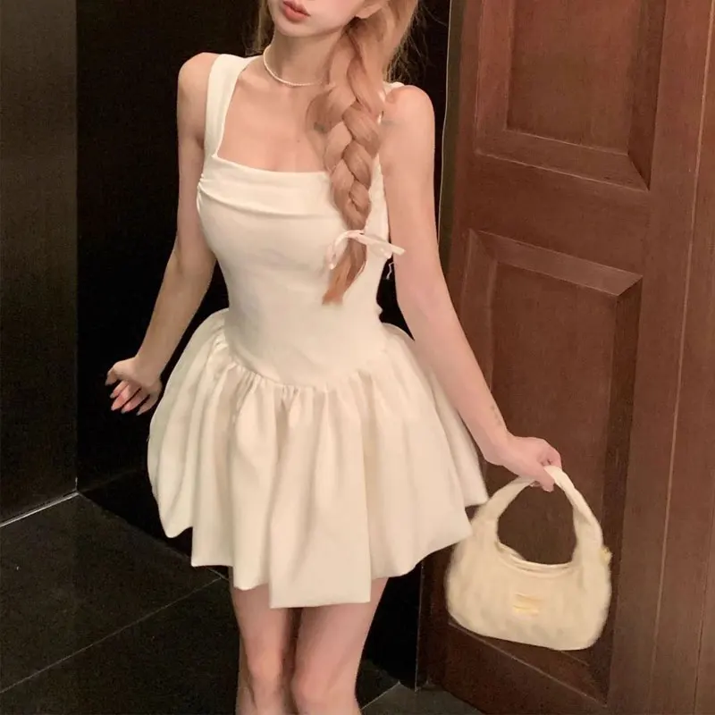 

Female Clothing Hotsweet Ball Gown Slip Mini Dress Solid Color Summer Aura White Square Collar French Style Waist Basic Dresses