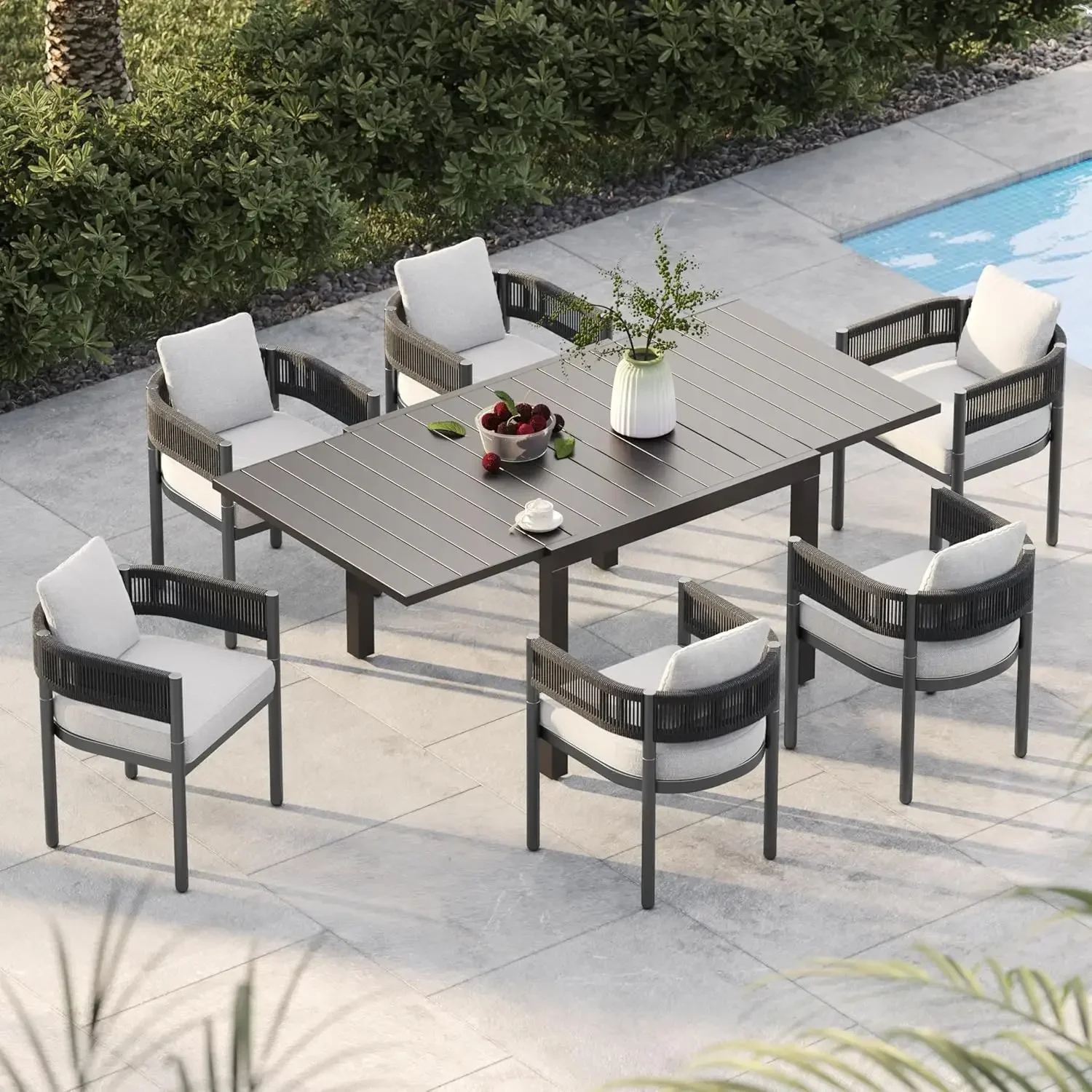 

7-Piece Outdoor Dining Set for 6 with 1 Rectangle Expandable Table,Grey Metal Black Woven Wicker Fixed Patio Chairs