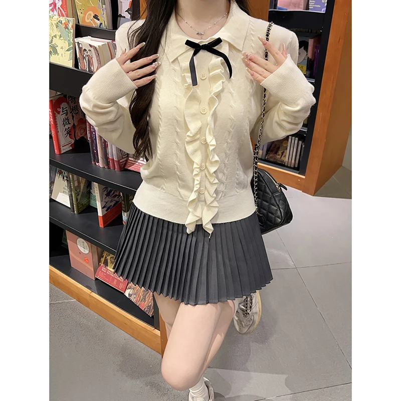 Chic Fungus Edges Button Knitted Pullovers Women Autumn New Sweet Bow Tied Loose Fit Sweaters Y2K Trend Street Innerwear Jumpers