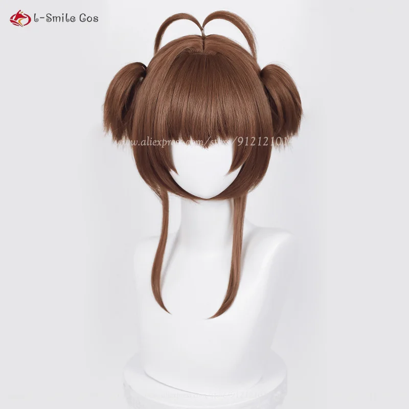 Wig kostum Cosplay Anime, Wig Sakura Kinomoto tahan panas rambut sintetis pesta Halloween + topi Wig