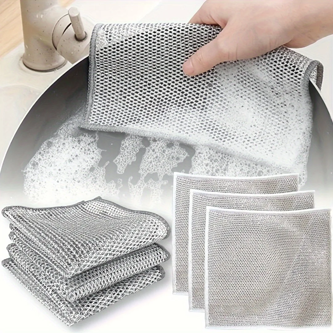 

3/10/20 Pcs Stainless Steel Scrubbing Cloths - Non-Scratch, Quick-Dry, Silvery Cleaning Cloth Dish Towel Reusable Kitchen