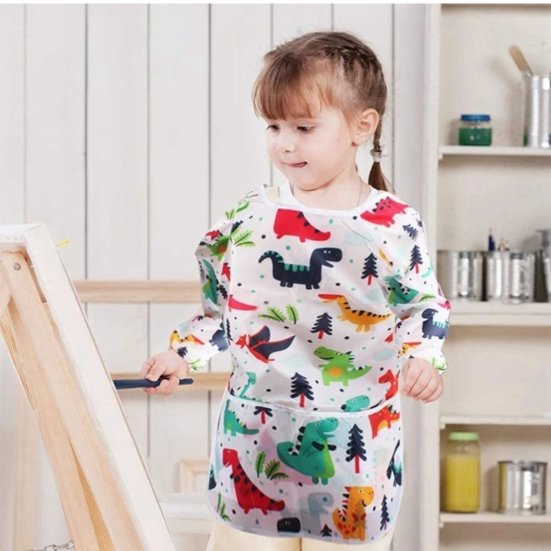 Children\'s Painting Waterproof Long Sleeved Cover Dinosaur Kindergarten Art Painting Reverse Dressing Baby Eating Bib Kids Apron