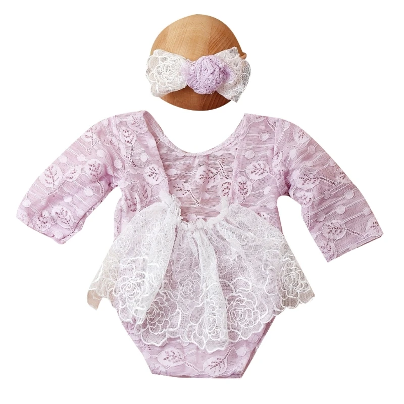 Baby Photo Clothes Hairband Long Sleeve Jumpsuit Newborn Photo Props One-Piece Lace Romper Headband Skin-Friendly Outfit