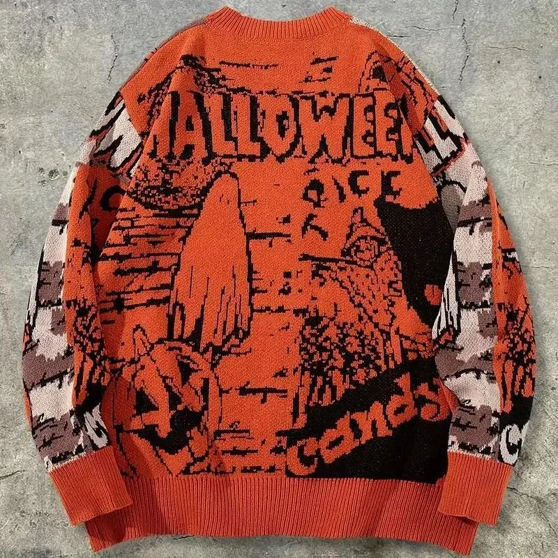 Orange Pumpkin Ghost Knitted Shawl Cape Cardigan Sweater Irregular Halloween Shawl