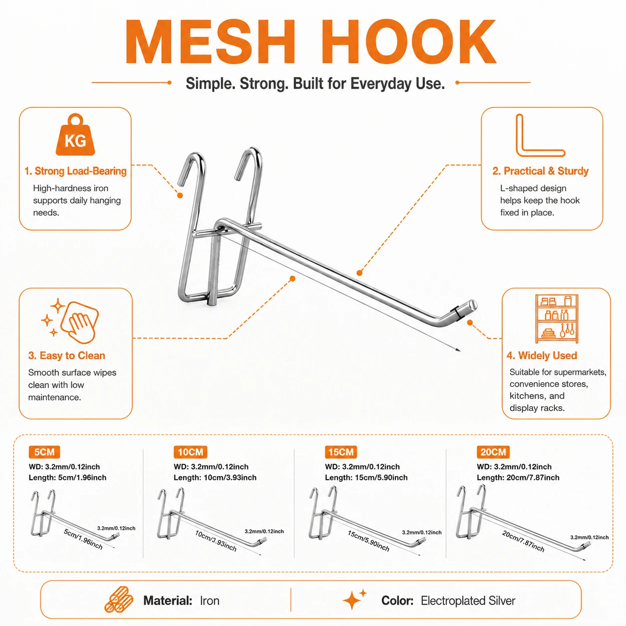 5-25Pcs Iron Mesh Panel Hooks 5/10/15/20cm, Heavy Duty Display Rack Hangers Wire Grid Hooks Hardware Hooks