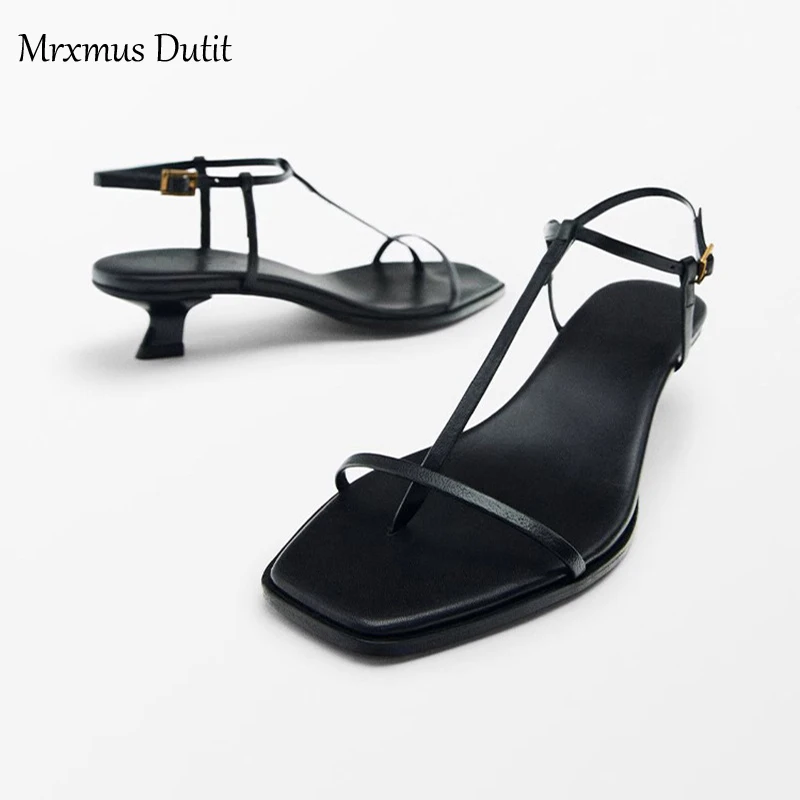 Mrxmus Dutit 2023 Summer England Style Square Head Fashion Simple Party Sandals Women Thin Heel Shoes Commute Women Shoes