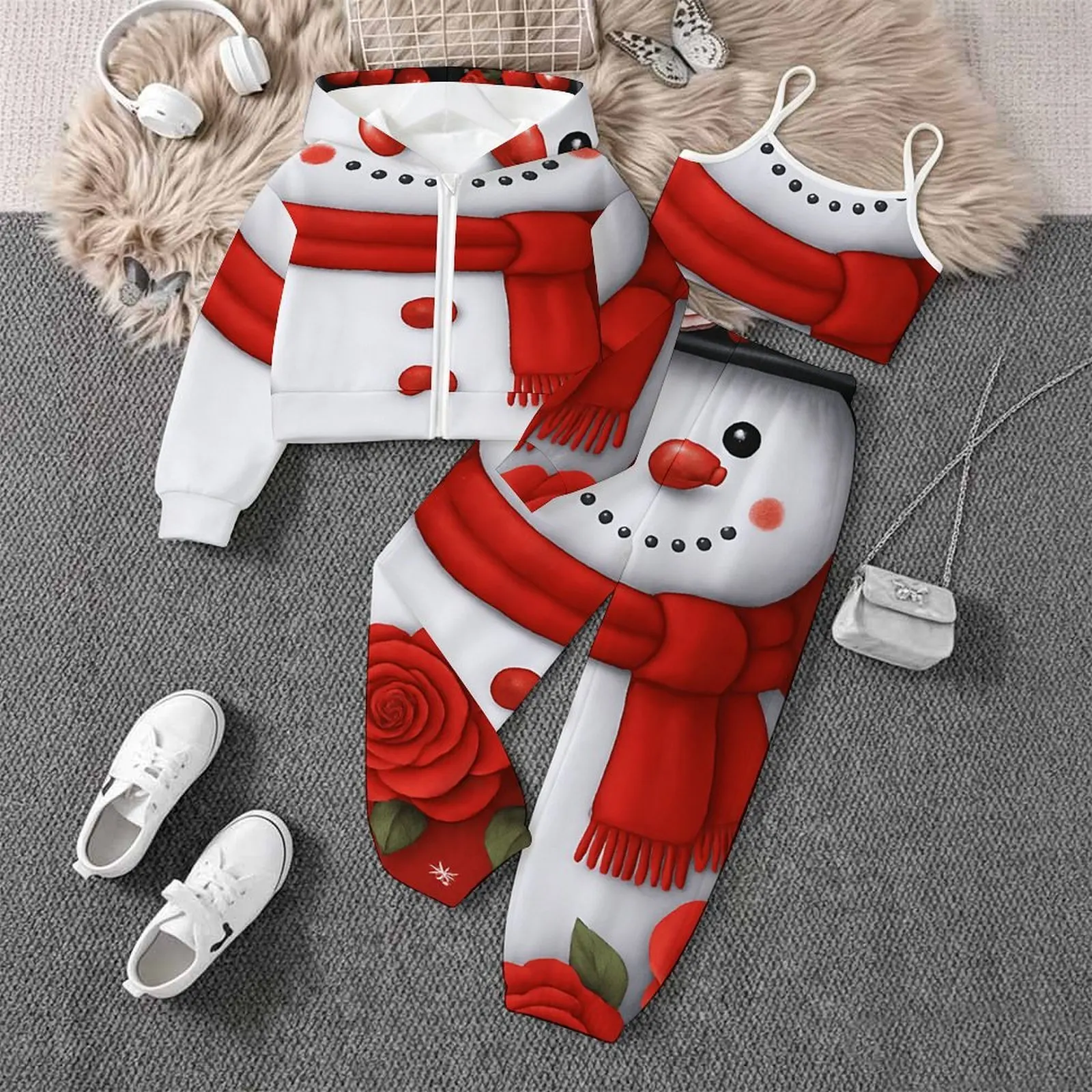 3pcs Autumn Girls Casual Set Fashion Print Jogger Pants Kids Zip Tops Three-piece Suit Children's Christmas Long Sleeve Coat