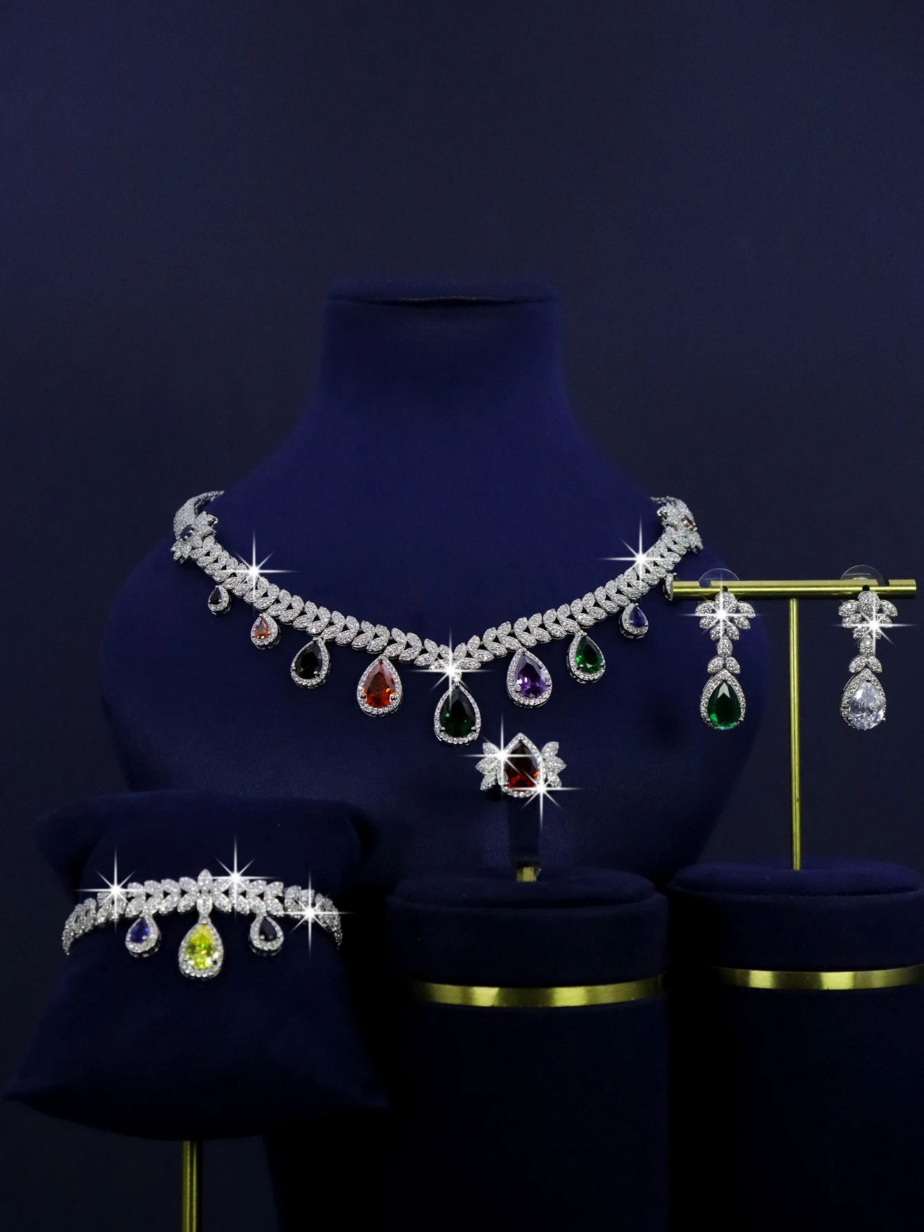 5 pieces of platinum plated colorful water droplet bridal wedding season jewelry set suitable for women's daily wedding wear,