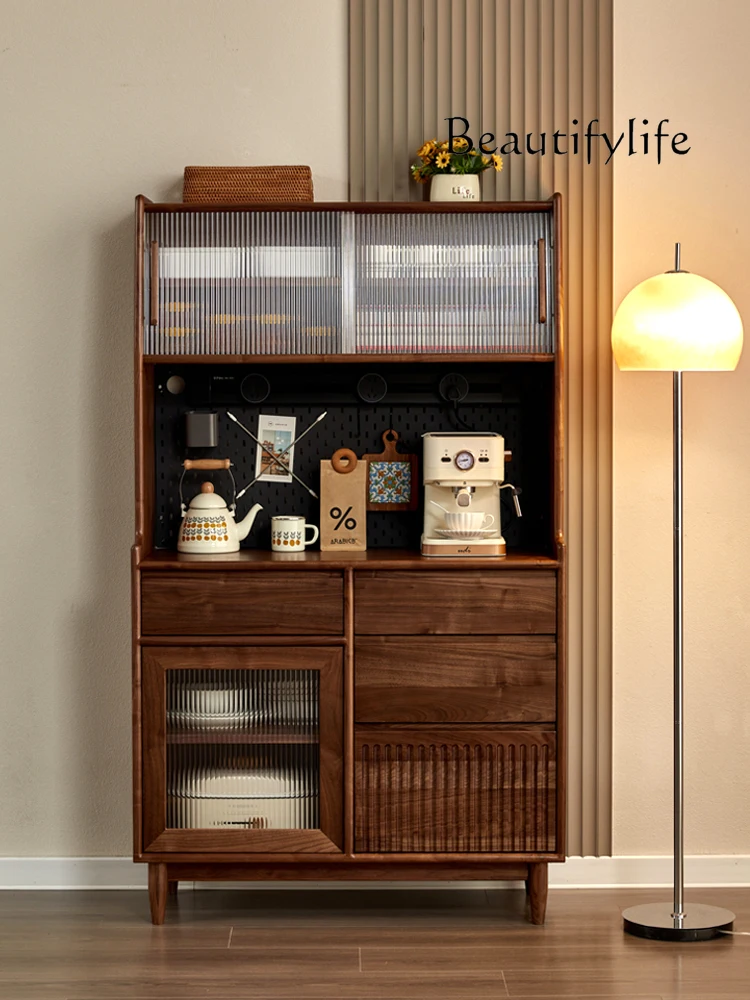 Nordic black walnut wood bar counter integrated wall storage cabinet, Japanese solid wood double-layer tea and wine cabinet