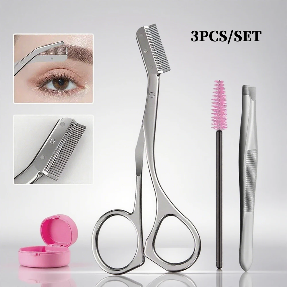 Pince à épiler les sourcils en acier inoxydable, ensemble de 3 pièces, couteau de coupe des sourcils pour débutant, ciseaux, peigne à cils, outil de maquillage ﻿