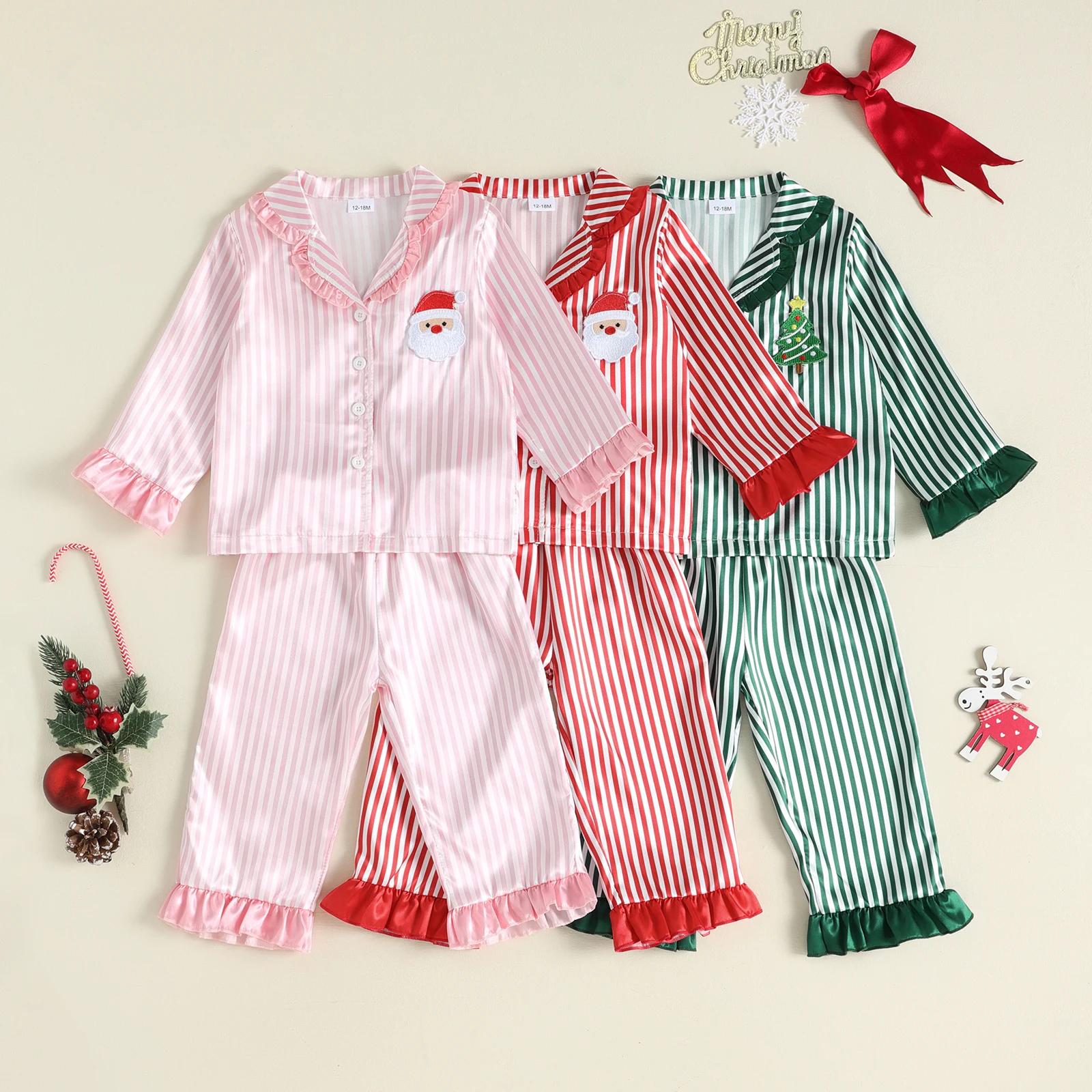 2027 Fashion Children Kids Girls Christmas Pajamas Sets Satin Striped Santa Claus Long Sleeve Shirts with Pants Sleepwear