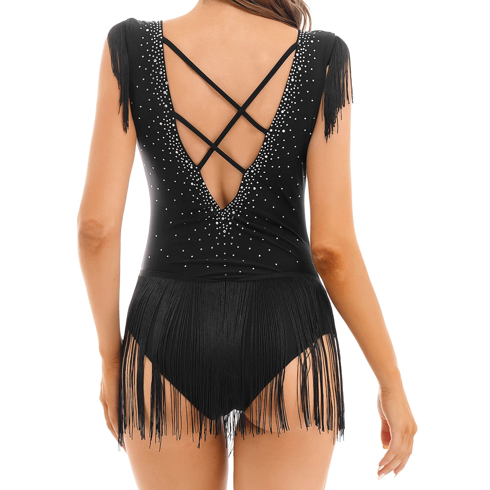 Women\'s Sleeveless Rhinestone Leotard Dress Figure Skating Dance Gymnastics Costume Tassel Skirted Leotard Jazz Latin Dancewear