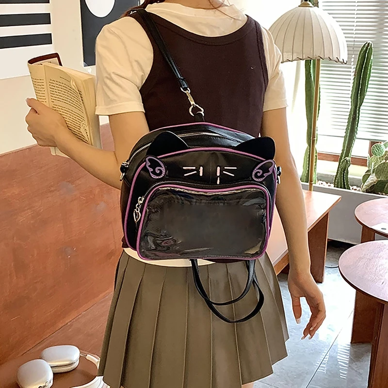 School Girl Student Backpack Crossbody Itabag Japanese Cats Designs Clear Pocket Shoulder Bag for Anime Pin Display