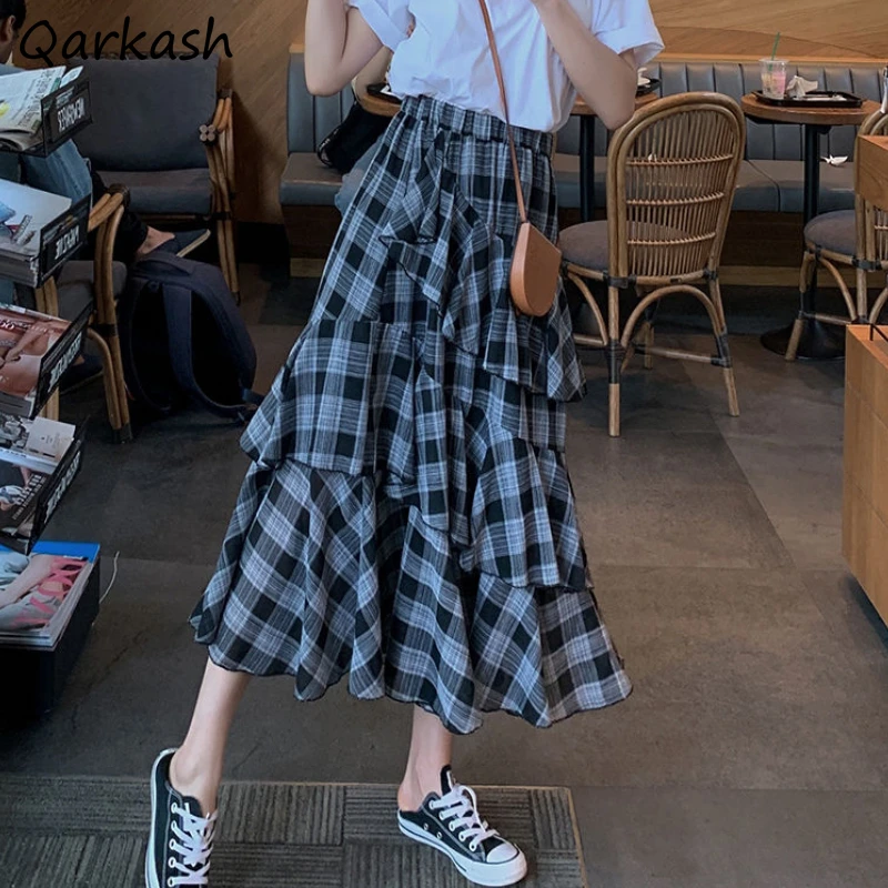 

Plaid Midi Skirts Women Irregular Vintage Temper Baggy Streetwear Faldas Casual Aesthetic High Waisted Harajuku Lady Vacation