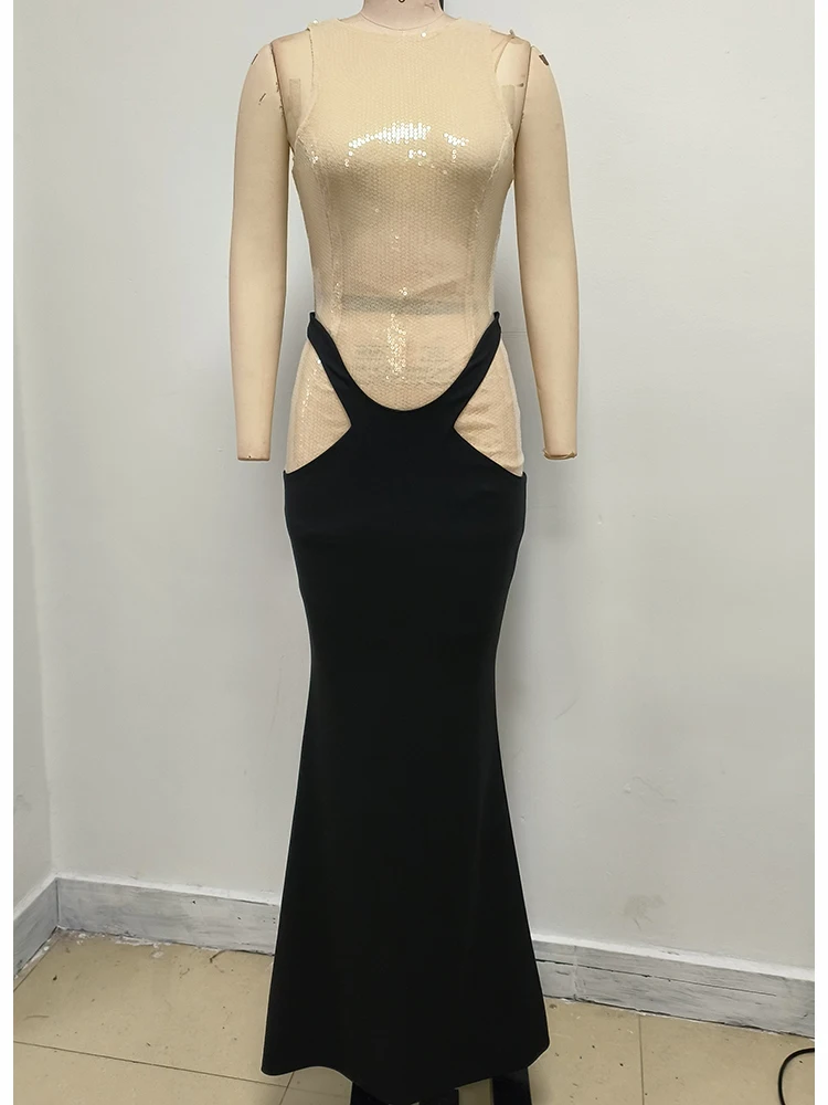 فستان ماكسي حورية البحر نسائي براقة بدون أكمام موديل 2025 مزين بالترتر المتلألئ قماش عالي الجودة مثير عصري للحفلات المسائية