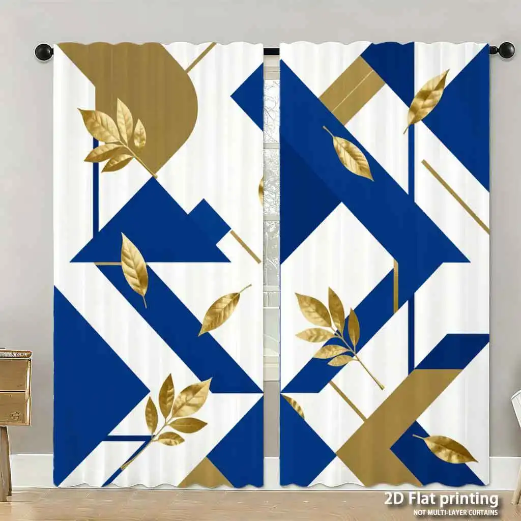 

Abstract Geometric Blue and Gold Leaf Pattern Curtains Modern Window Decor for Living Room Home Decoration Curtain Panel