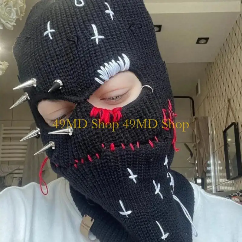 

49MD Funny Balaclava Distressed Rivet Beanie Halloween Balaclava Scary Balaclava