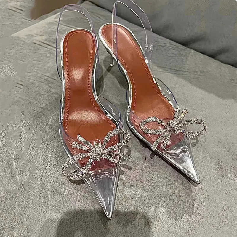 Décolleté da donna in PVC trasparente moda di marca Décolleté con strass di lusso Slingbacks Tacchi alti a spillo Eleganti scarpe da donna da