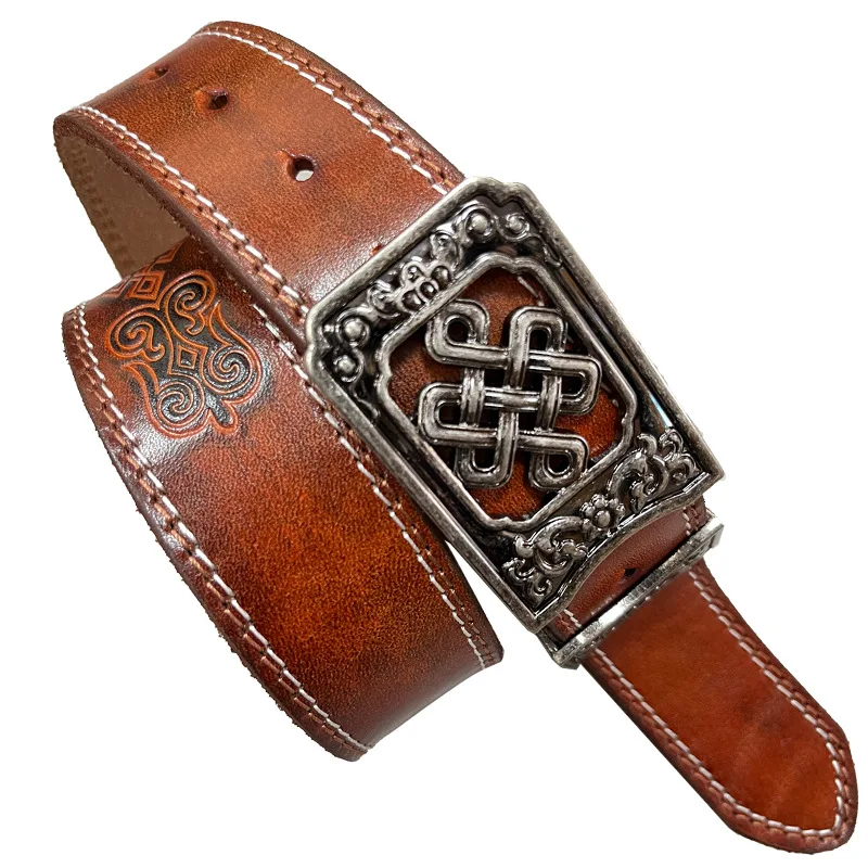38-センチメートルパターンエンボスレトロ牛すね本革ベルト男性のための品質デザイン中国エスニックスタイル男性ストラップ