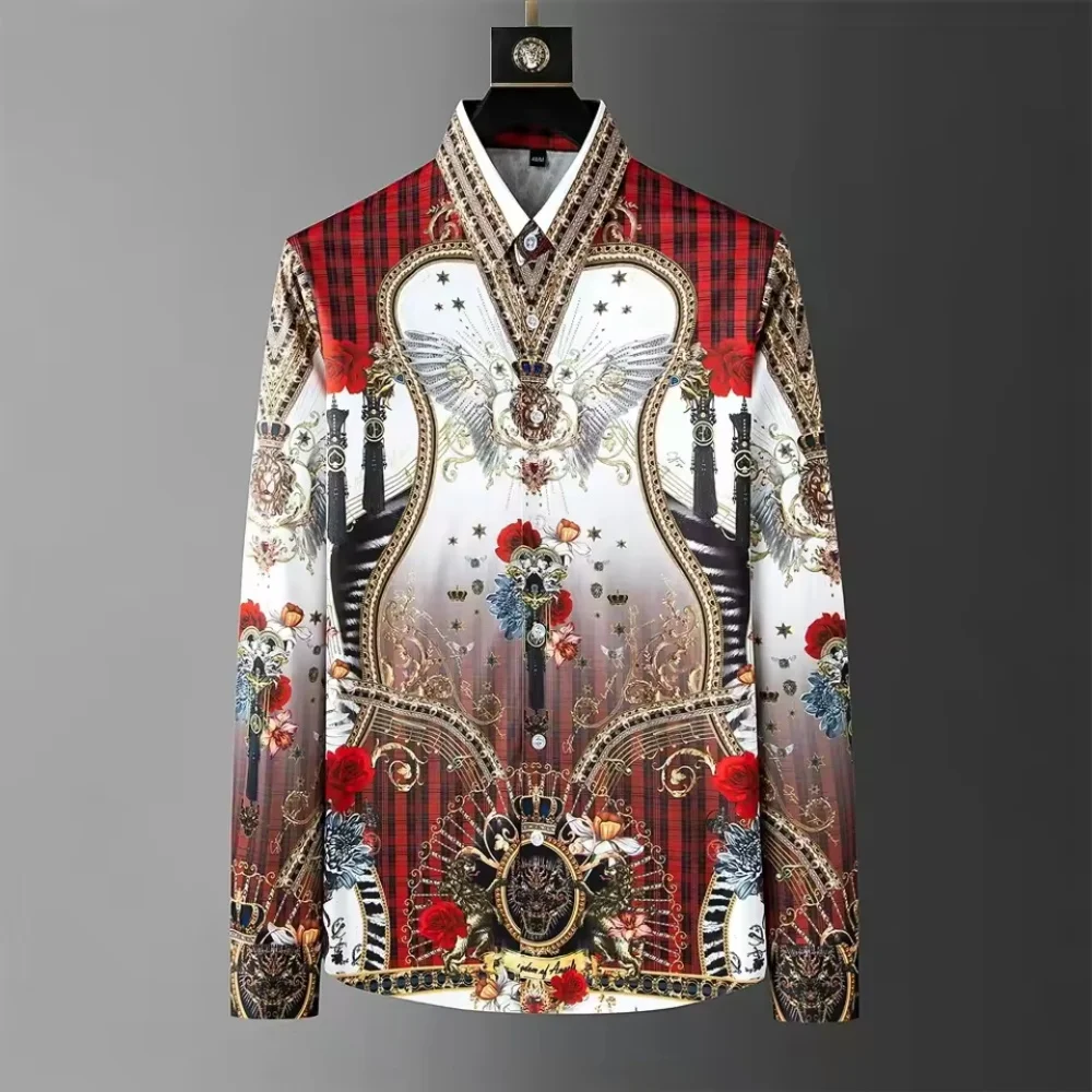 New Crown Printed Design Shirt Men's Long Sleeve Casual Shirt Light Luxury Fashion Pop Plus Men's Button Collar Shirt