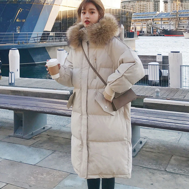 韓国風ルーズ厚手ミドル丈パーカー レディース 冬 フェイクファー襟付き 暖かいフード付きジャケット 女性用 ジッパーアップ ポケット付きコート