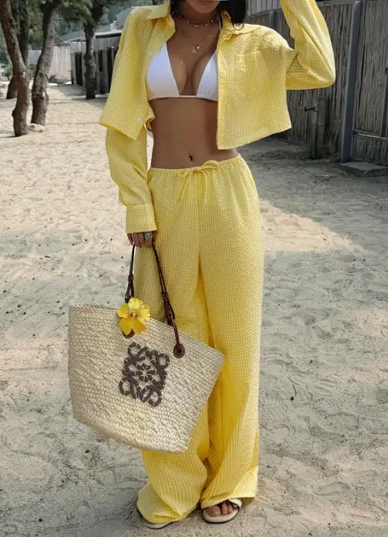 

Women's 2-Piece Summer New Fashion Casual Vacation Style Plaid Lapel Long Sleeved Shirt High Waisted Straight Leg Pants Set